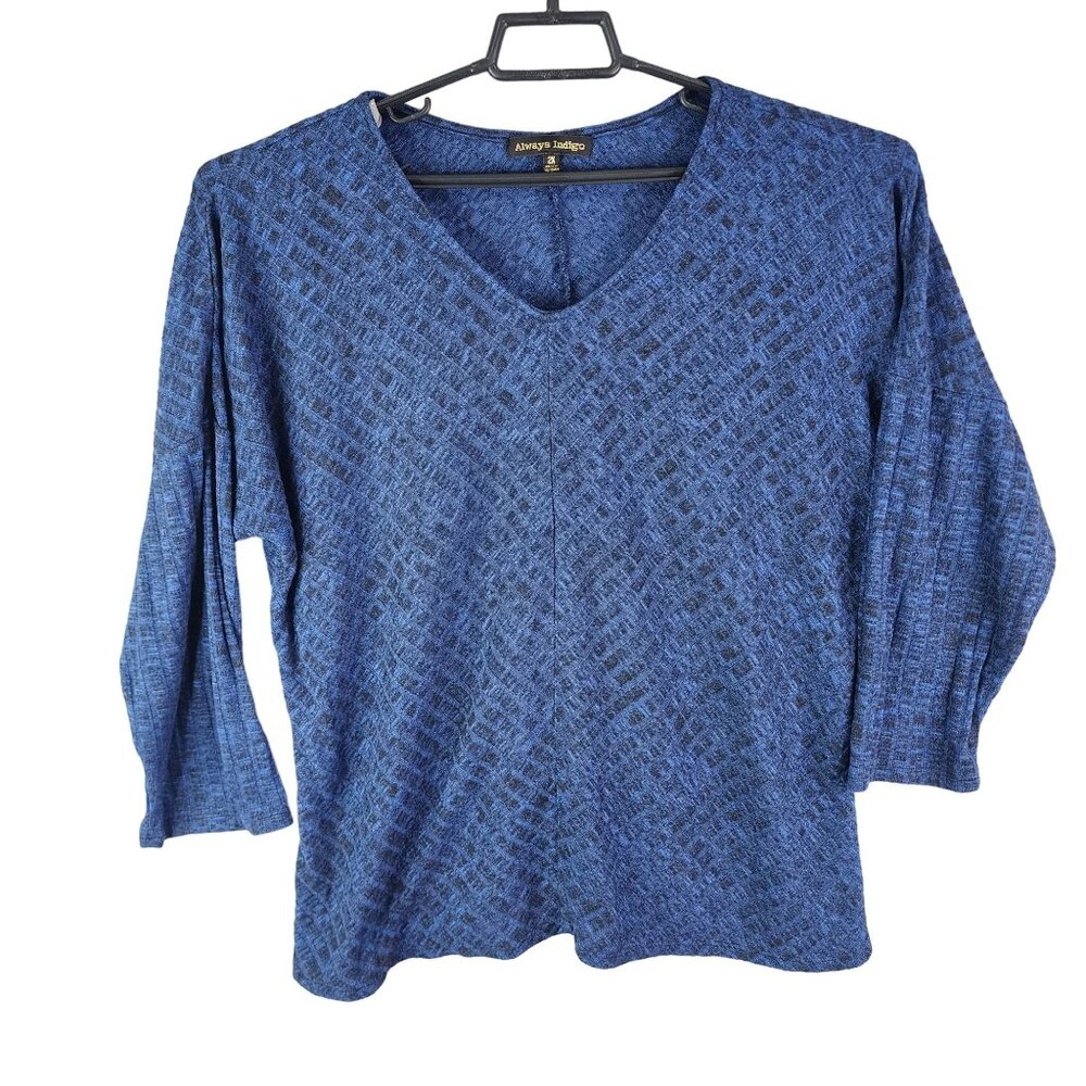 Womens Always Indigo Blue Textured Top Blouse V Neck Long Sleeve Size 2X